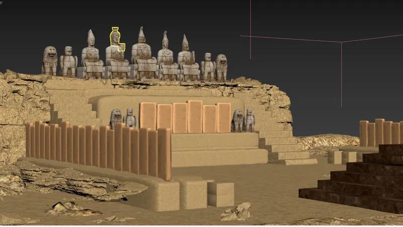 The row of statues on the temple terrace, in 3D
