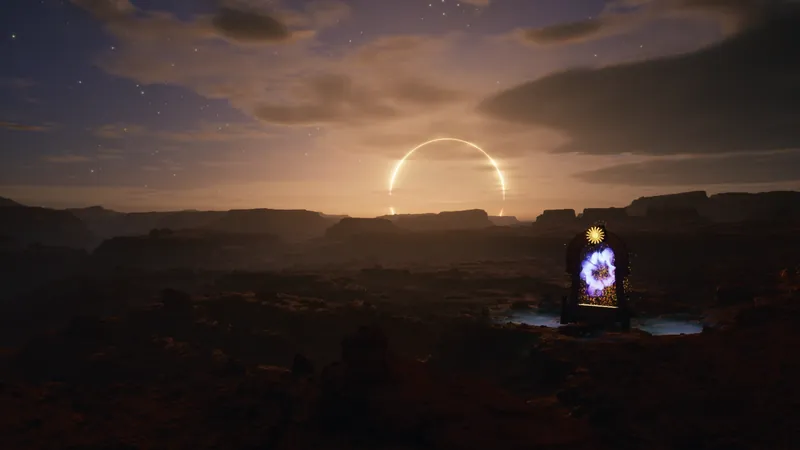 Final render: a canyon at sunset with a ring of light and a portal