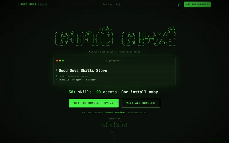 GoodGuys skills store with green terminal typography and ASCII identity