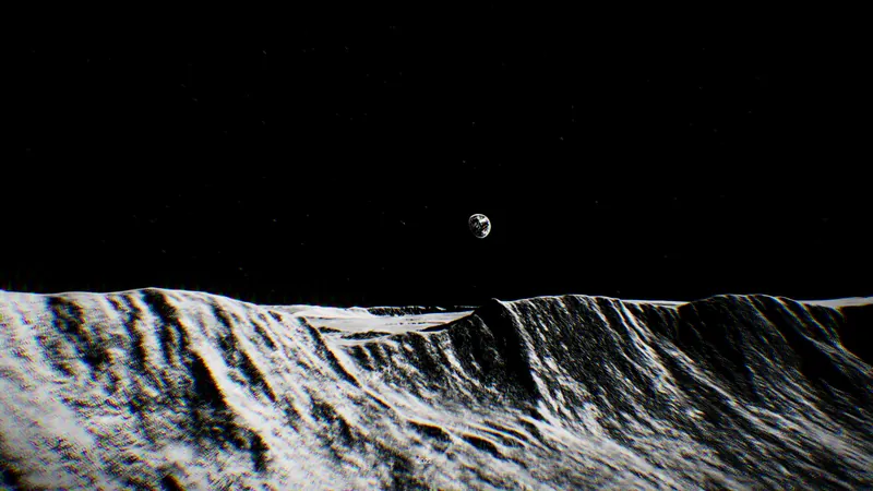 A crater ridge with Earth small on the horizon