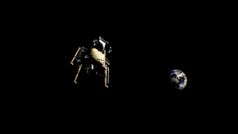 The lander in black space beside Earth