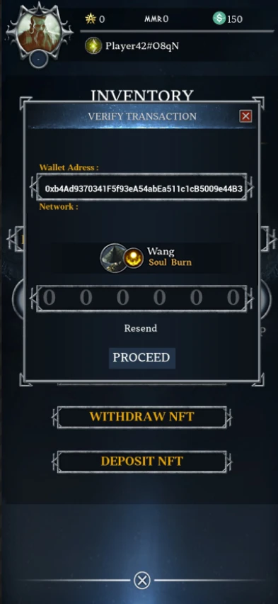 Inventory screen with NFT asset controls