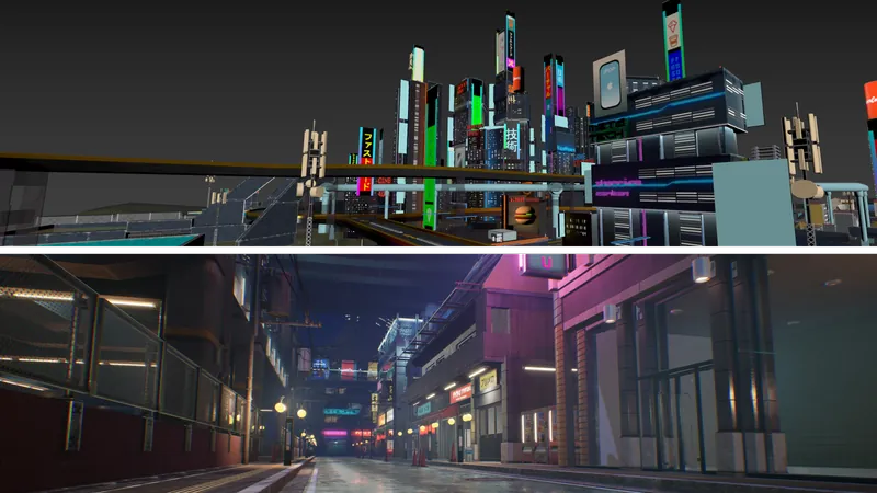 The skyline and a covered walkway at night