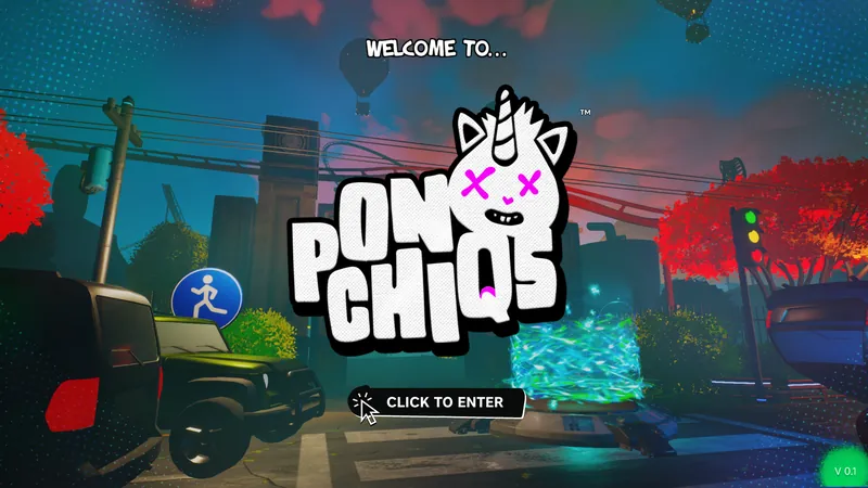 Ponchiqs Arena entry screen: the logo on a night street beside a glowing portal