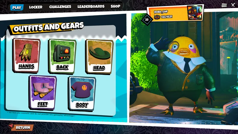 Outfits and gear locker with hands, back, head, feet and body slots