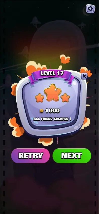 Level complete card with stars, retry and next