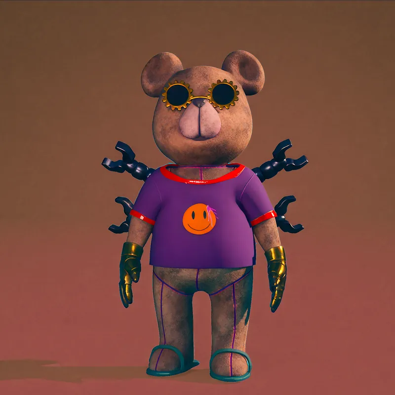 The teddy bear with goggles and mechanical arms