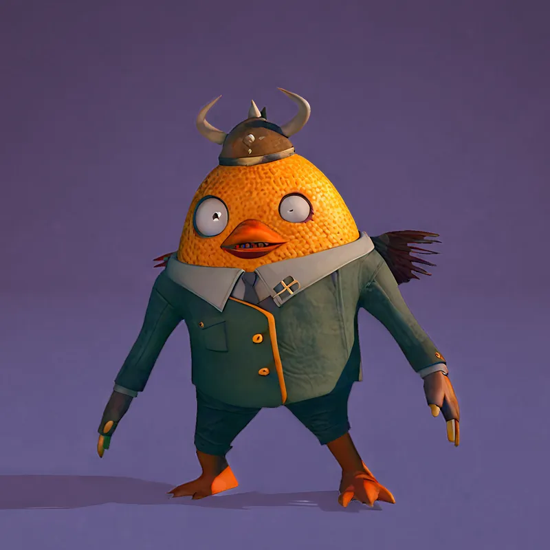 The duck in a horned helmet and a green coat