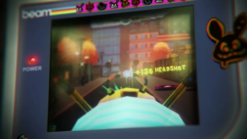 An arcade cabinet promotion connecting the game and its physical presentation.