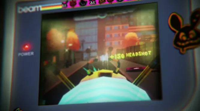 Ponchiqs arcade cabinet with a first-person action scene