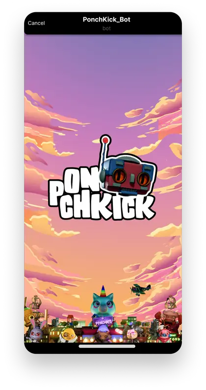 PonchKick splash screen with the cast under a pink sky