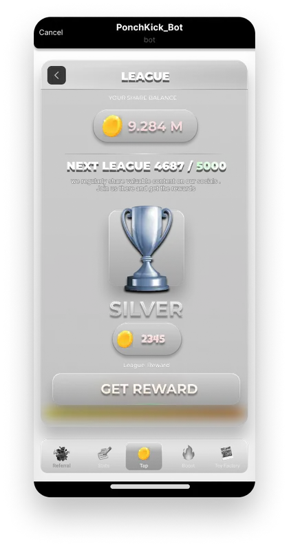 League screen: Silver, with progress to the next league and a reward to claim