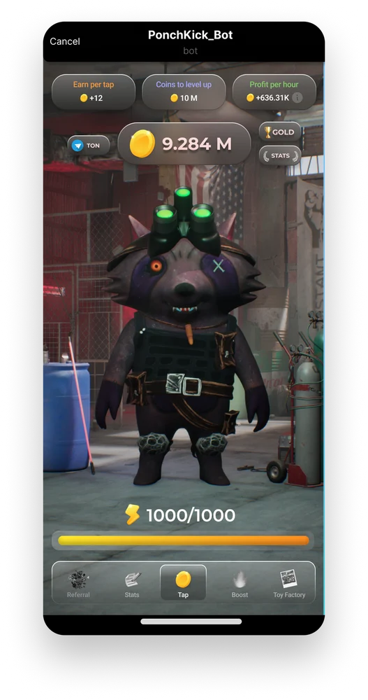 PonchKick character screen: raccoon, resource counters and controls