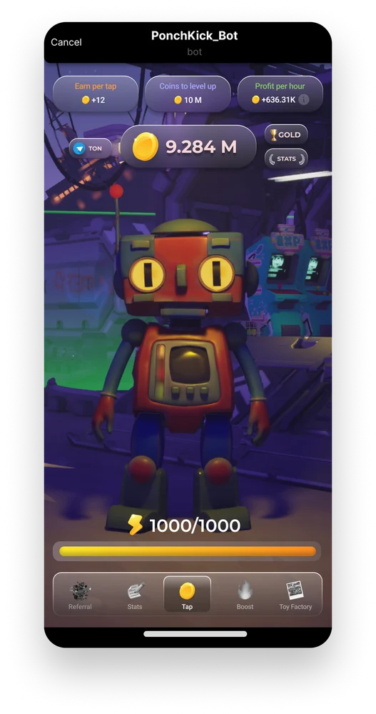 PonchKick character screen: robot, resource counters and controls