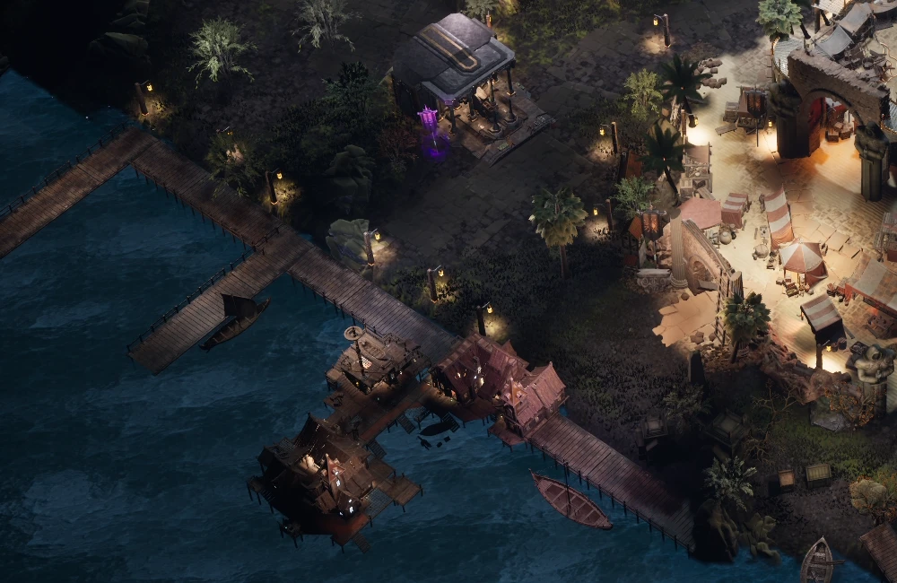 Nexus waterfront with wooden piers, boats and harbour buildings
