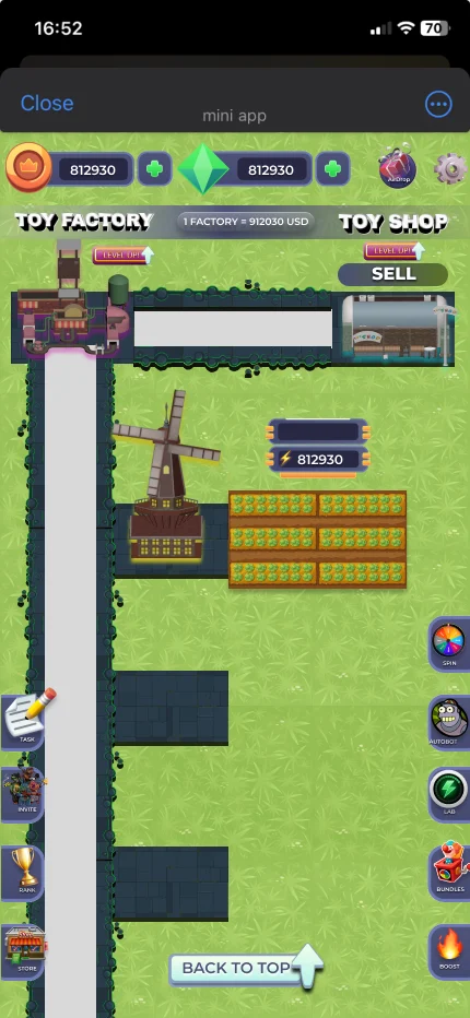 Toy Factory mobile map with resource counters, factory and shop