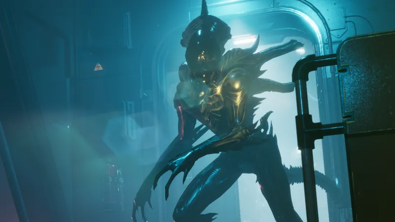 The creature in teal corridor light