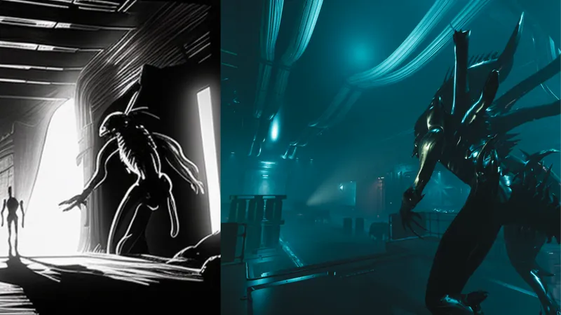 Storyboard frame and Unreal render side by side: the creature in a doorway